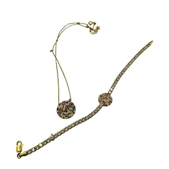 Gold Tone Necklace Bracelet Set Multi Rainbow Crystal Accents 925 Sterling Silve - Picture 1 of 7